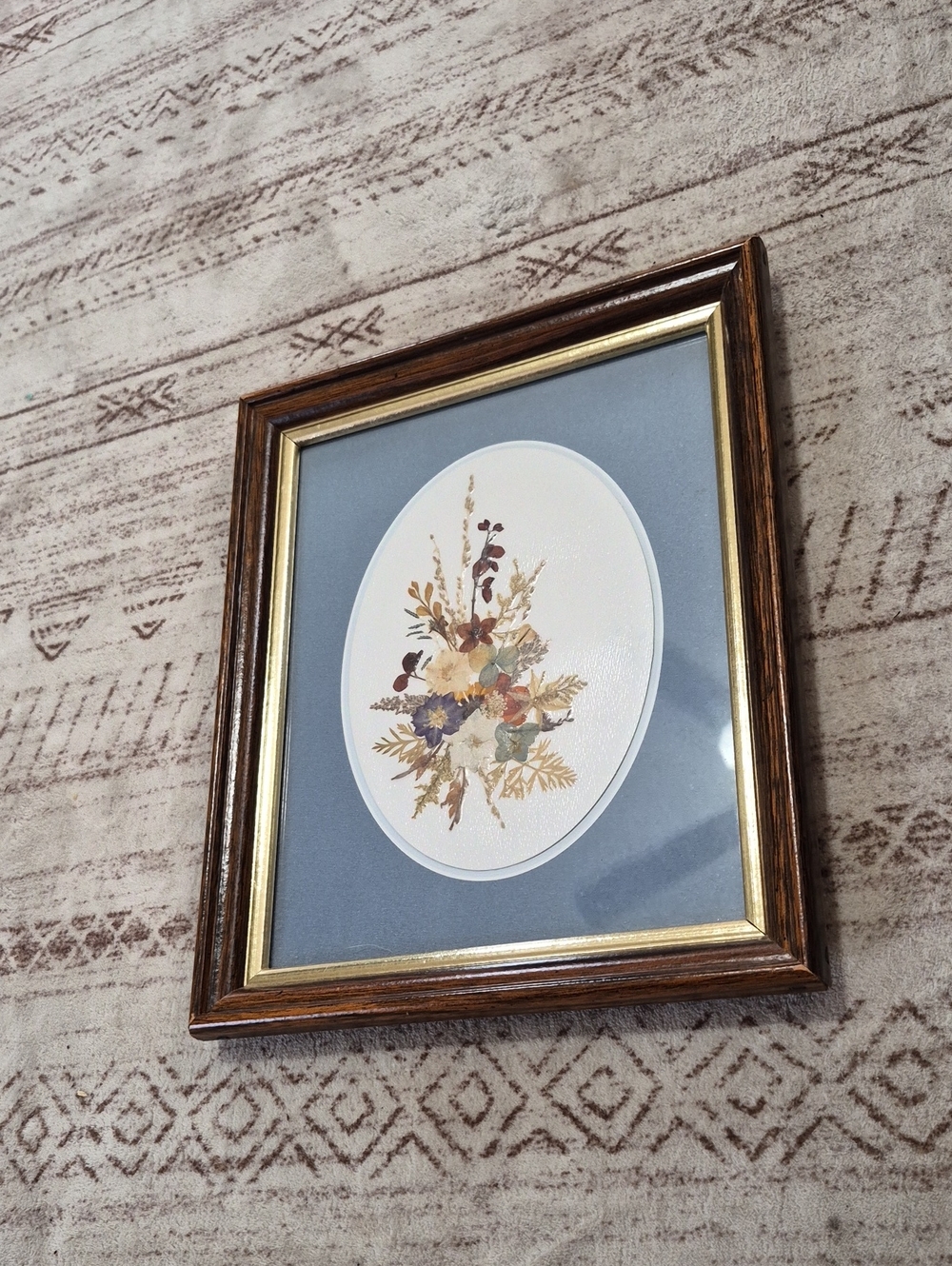 Source Unknown Floral Print with Blue Mat and Brown Frame